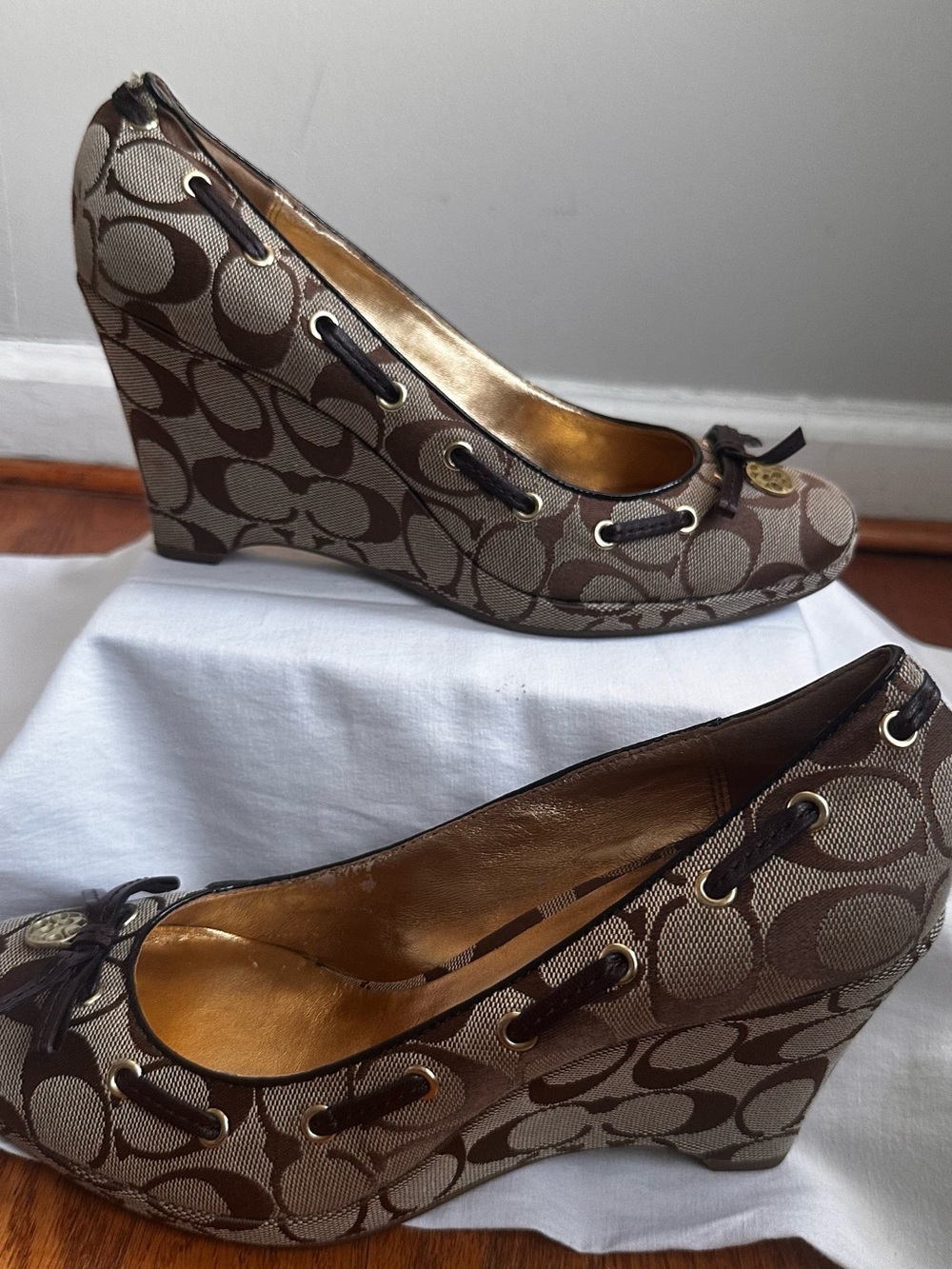 Coach Brown Logo Canvas Wedge Pumps with Gold Accents